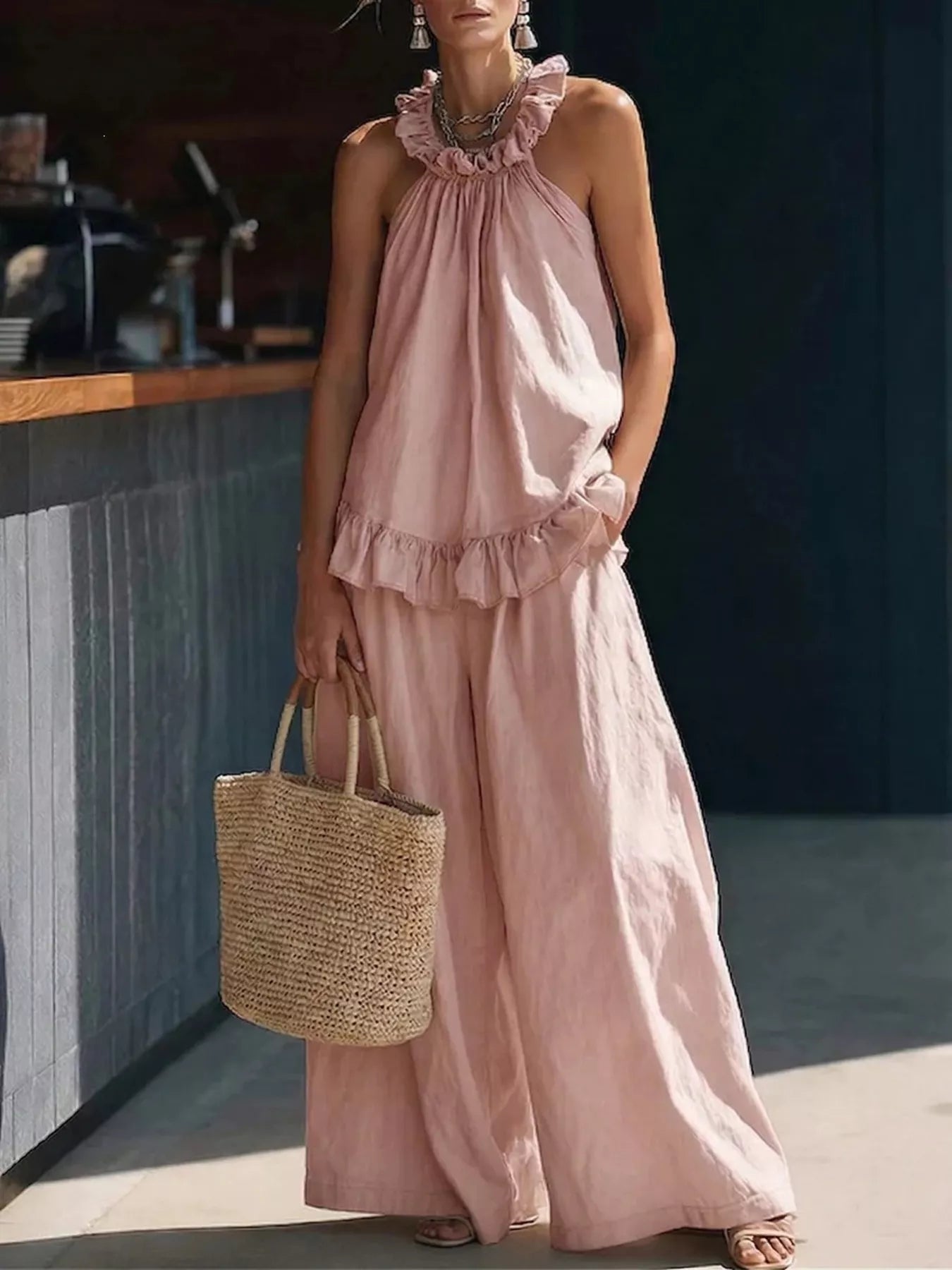 Plus Size Ruffled Halter Neck Top and Wide Leg Pants Set in Apricot for Women