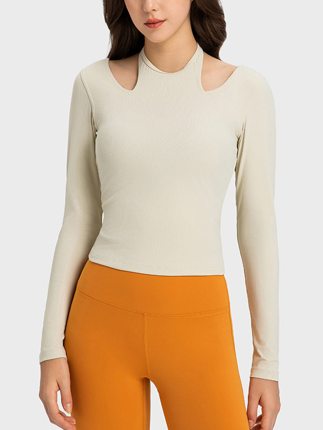 Halter Neck Long Sleeve Sporty Top in Yellow-Green for Women
