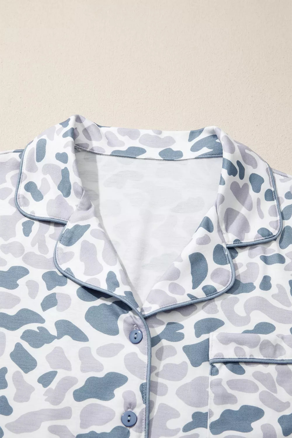 Camouflage Print Lapel Shirt Drawstring Two-Piece Shorts Pajama Set for Women