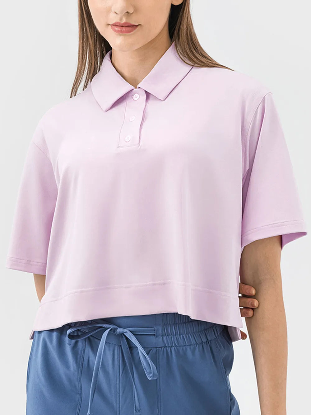 Half Button Short Sleeve Active T-Shirt in Black for Women