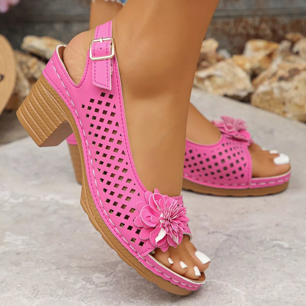 Floral Accent Block Heel Sandals in Black for Women
