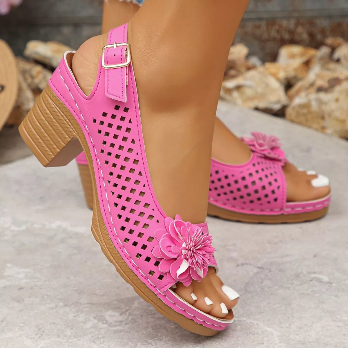 Floral Accent Block Heel Sandals in Black for Women