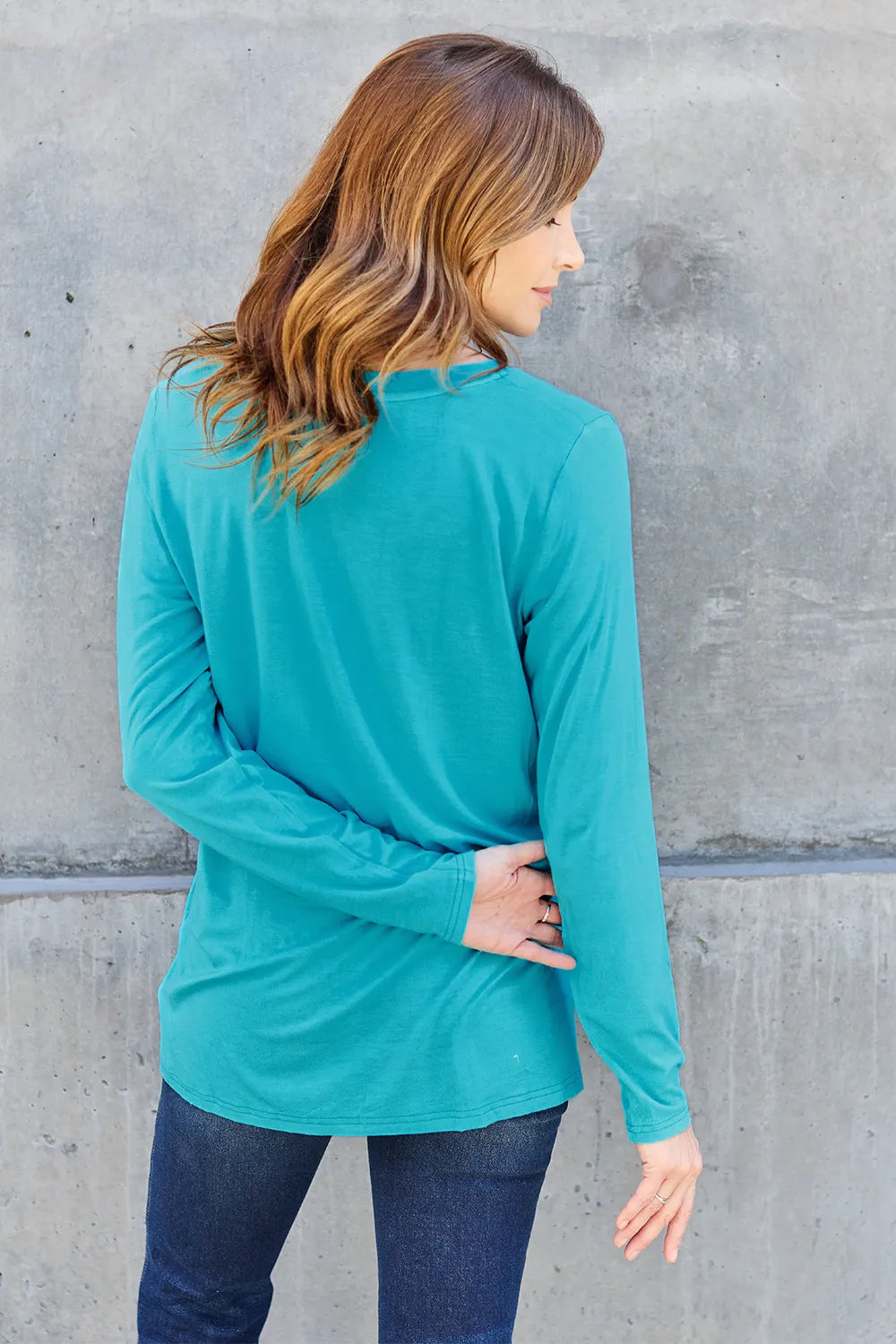 Plus Size V-Neck Long Sleeve Top in Cerulean for Women