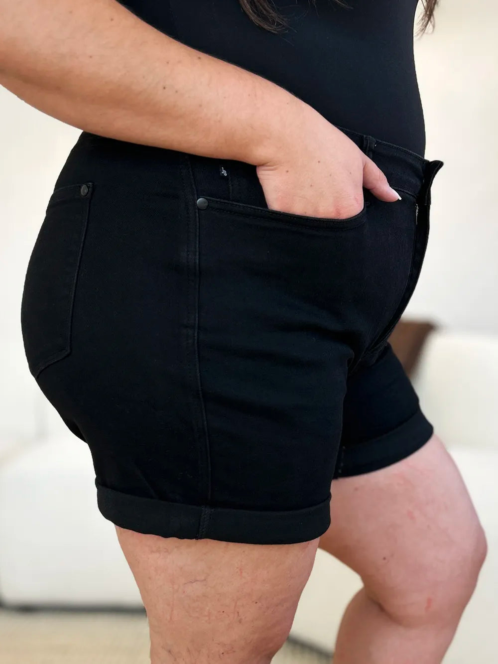 Plus Size High Waist Tummy Control Cuffed Denim Shorts for Women
