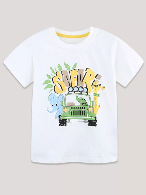 Animal Graphic Round Neck Tee in White for Boys