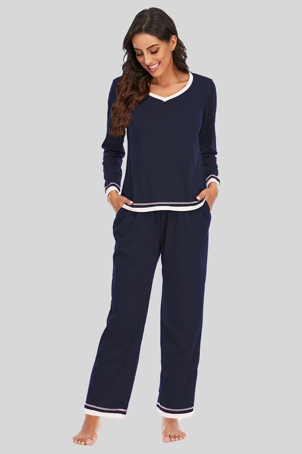 V-Neck Top and Pants Lounge Set in Wine for Women