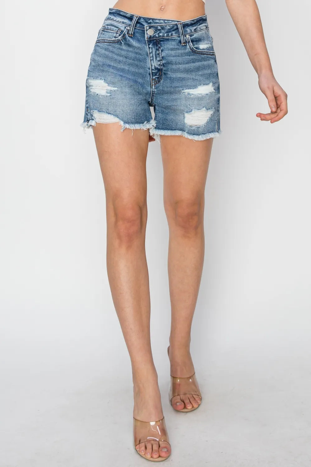 Stepped Waist Frayed Denim Shorts for Women