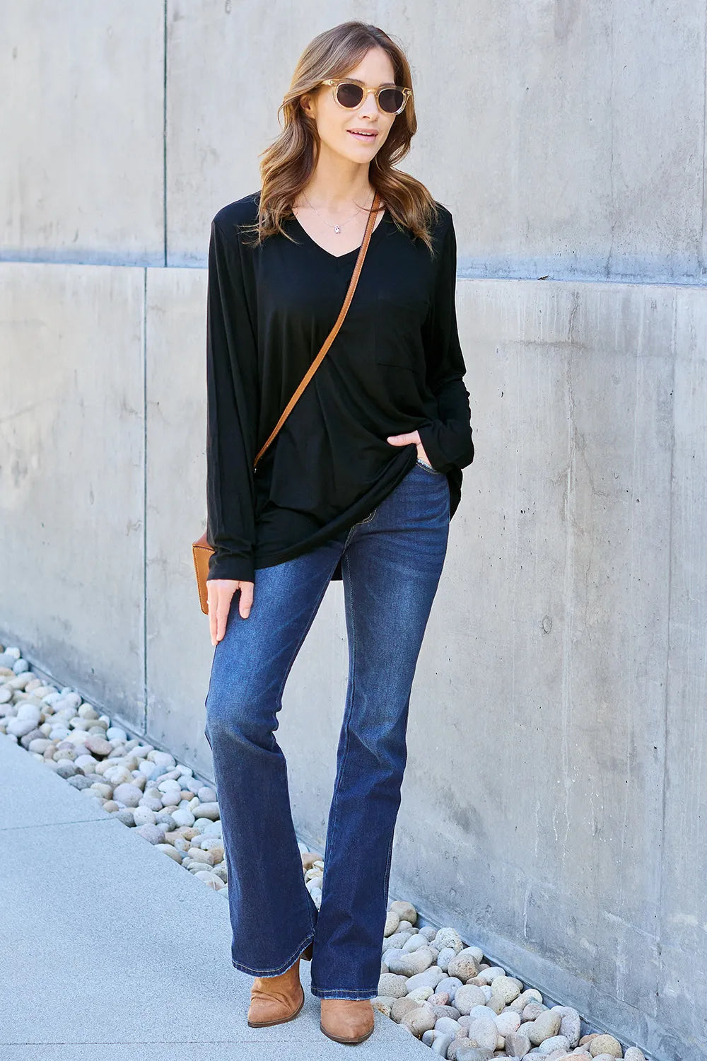 Plus Size V-Neck Long Sleeve Top in Black for Women