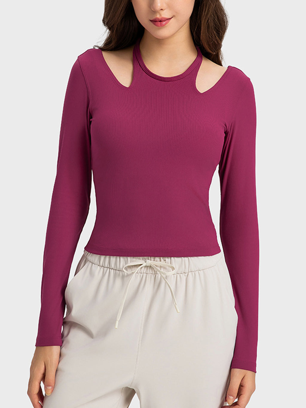 Halter Neck Long Sleeve Sporty Top in Hot Pink for Women