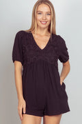 Lace Detail Puff Sleeve Romper with Pockets in Black for Women