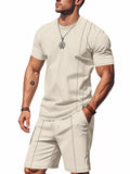 Casual Striped Short Sleeve T-Shirt and Shorts Set Plus Size in Khaki for Men