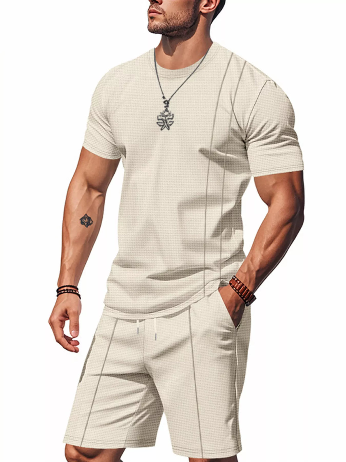 Casual Striped Short Sleeve T-Shirt and Shorts Set Plus Size in Khaki for Men