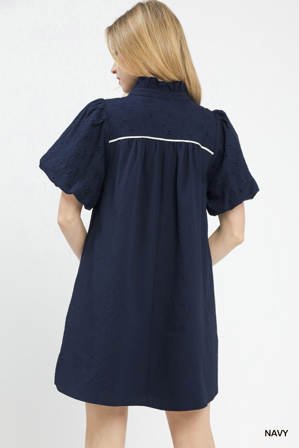 Puff Sleeve Textured Babydoll Dress in Navy for Women