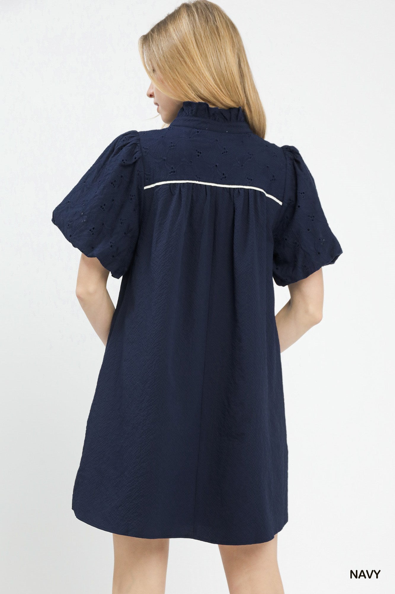 Puff Sleeve Textured Babydoll Dress in Navy for Women