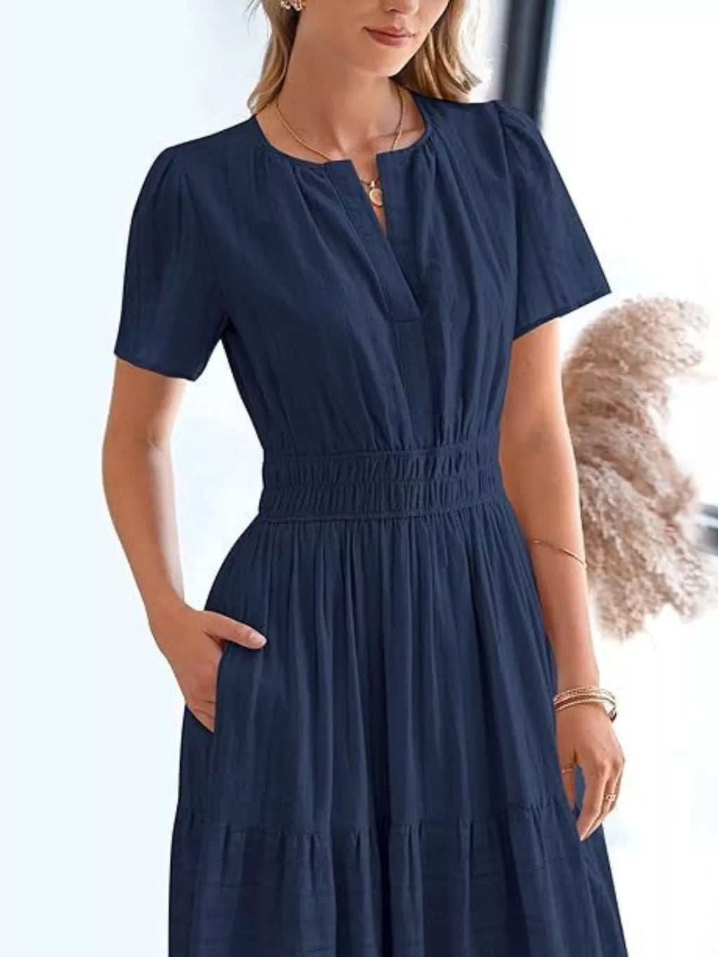 Plus Size Short Sleeve Tiered Midi Dress in Dark Blue for Women