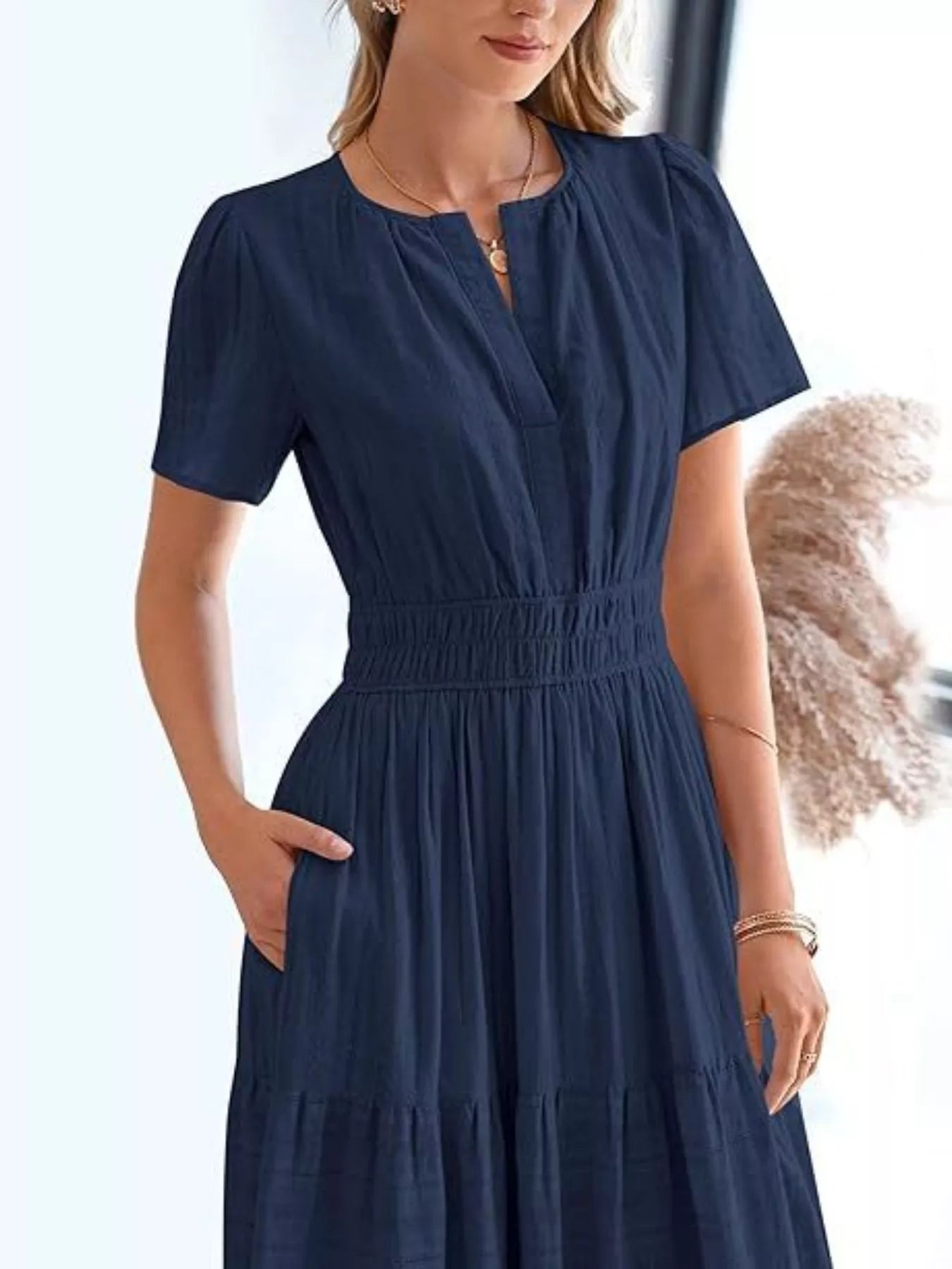 Plus Size Short Sleeve Tiered Midi Dress in Dark Blue for Women