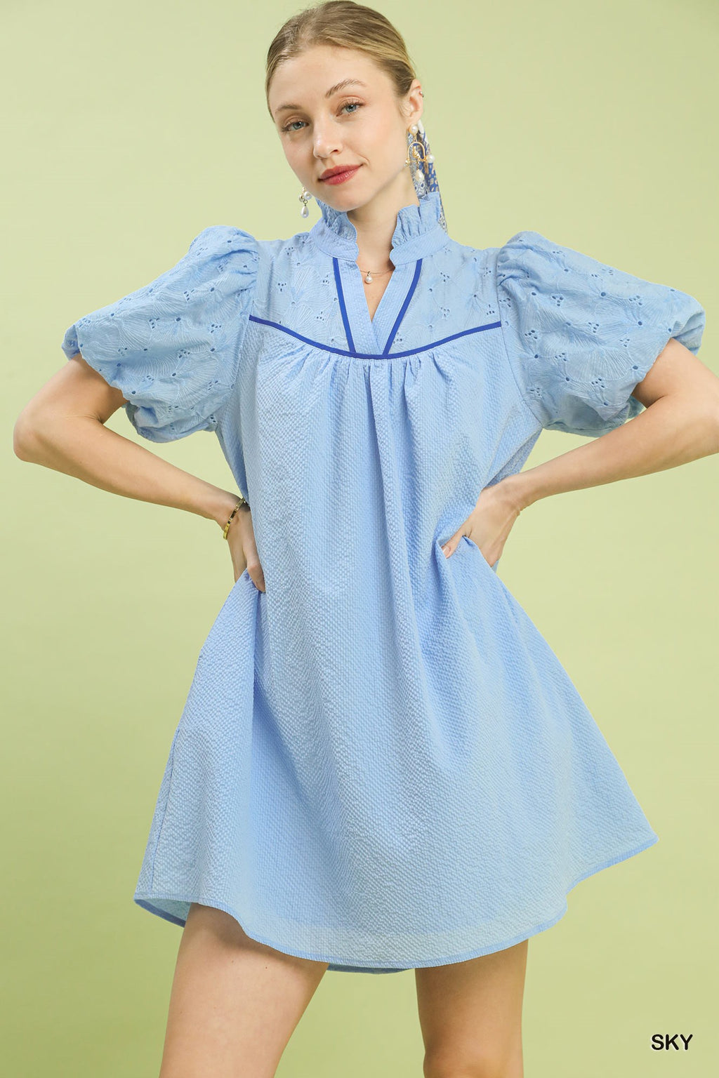 Puff Sleeve Textured Babydoll Dress in Sky for Women