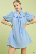Puff Sleeve Textured Babydoll Dress in Sky for Women