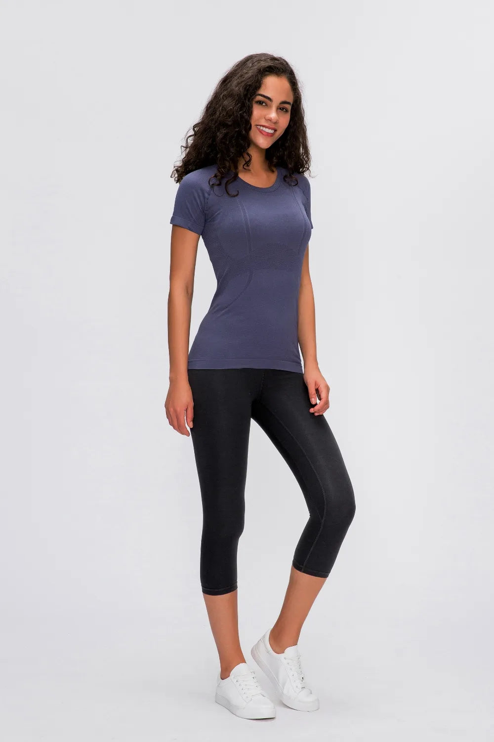 Round Neck Short Sleeve Active T-Shirt in Black in White for Women