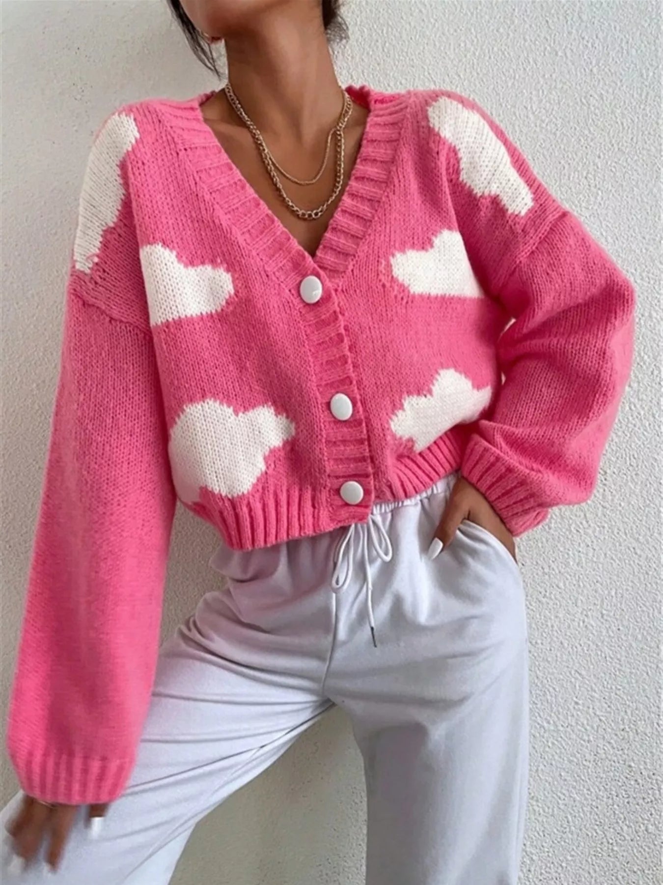 Cloud Button Up Knit Cardigan in Hot Pink for Women