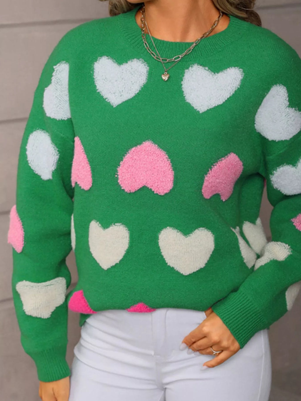 Valentines Day Heart Pattern Fuzzy Knit Sweater in Red for Women