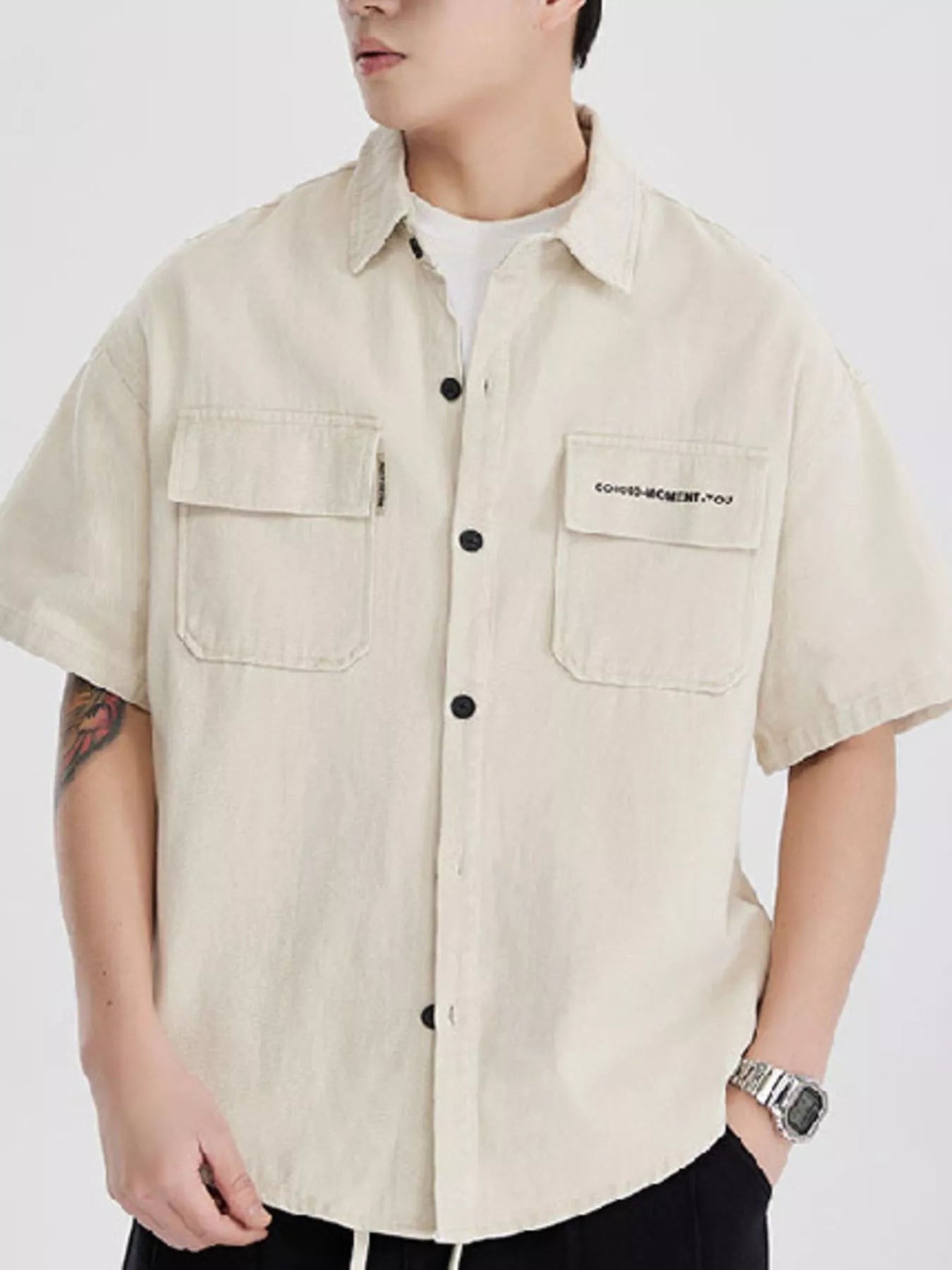 Button Down Oversized Short Sleeve Shirt Plus Size in Light Apricot for Men