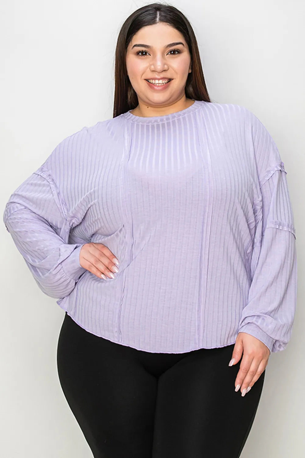 Plus Size Ribbed Round Neck Long Sleeve T-Shirt in Lavender for Women