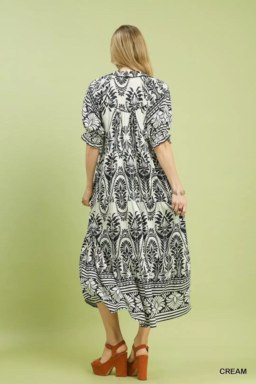 Two Tone Border Print Midi Dress in Cream for Women