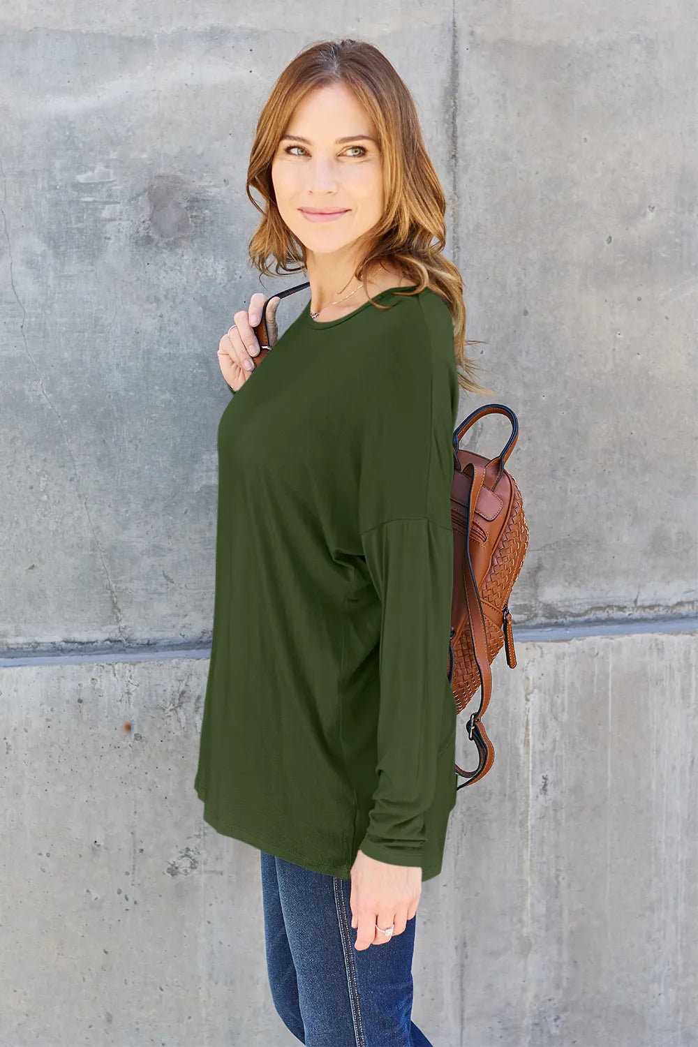 Plus Size Round Neck Dropped Shoulder T-Shirt in Army Green for Women