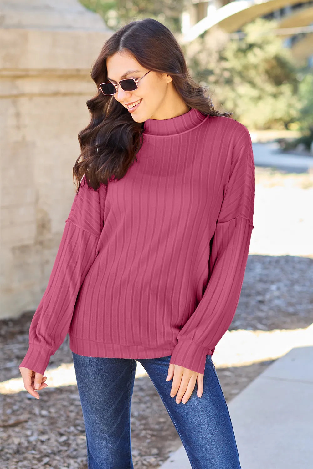 Plus Size Ribbed Exposed Seam Mock Neck Knit Top in Rust for Women