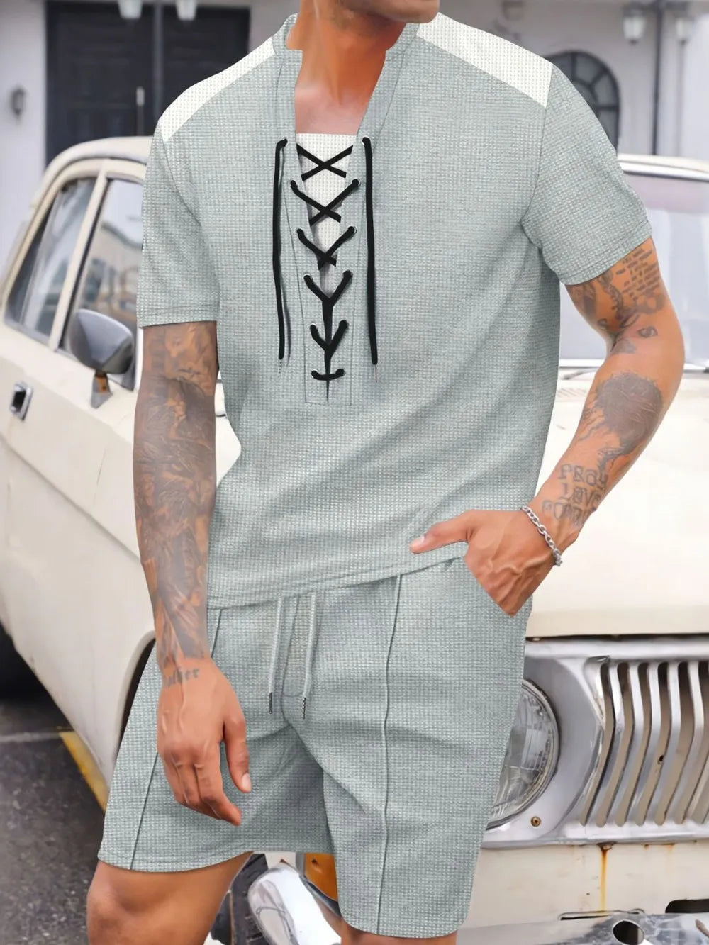 Lace-Up Waffle Knit Top and Shorts Set Plus Size in Black for Men