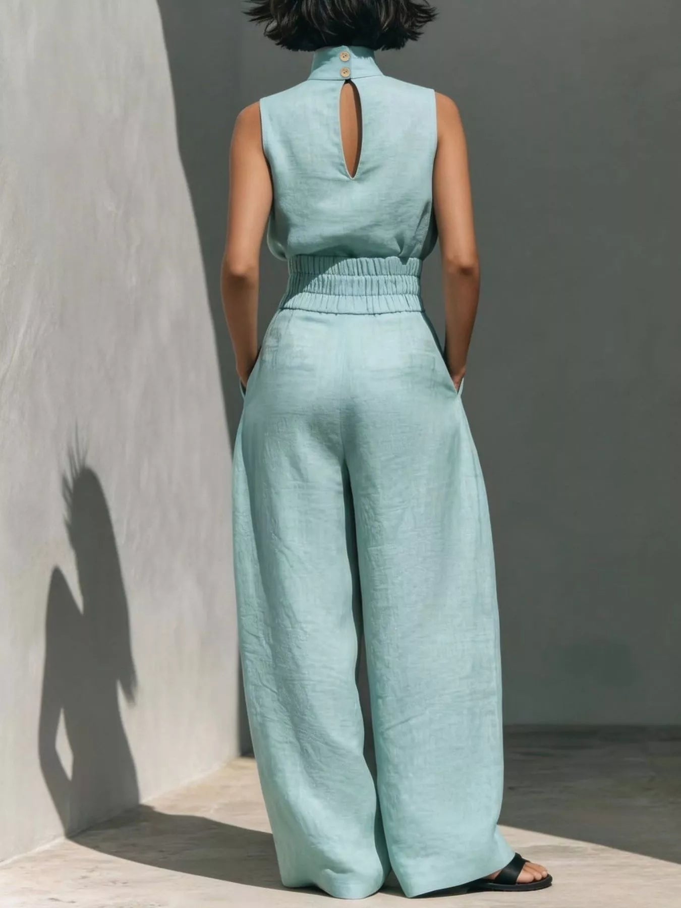 Turtleneck Sleeveless Top and Wide Leg Pants Set in Apricot for Women