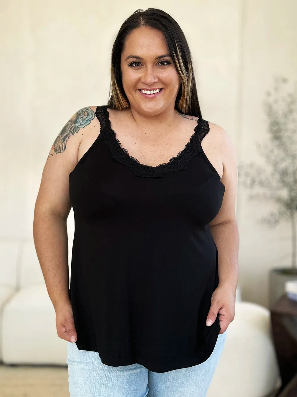 Plus Size Lace Detail V-Neck Cutout Cami in Caramel for Women