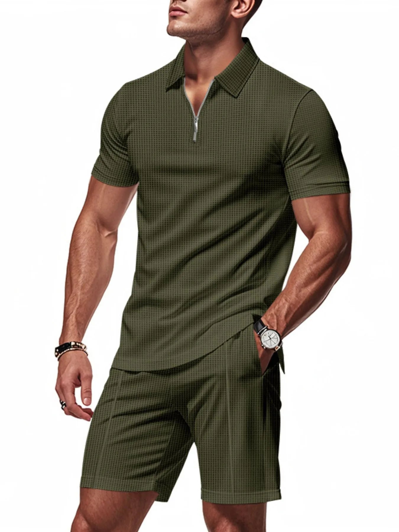 Plus Size Quarter Zip Short Sleeve Top and Shorts Set in White for Men