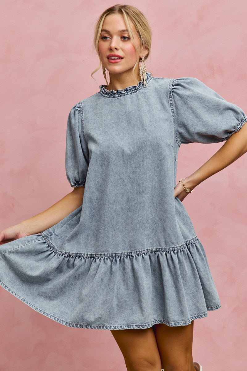 Denim Short Sleeves Mini Tiered Dress for Women