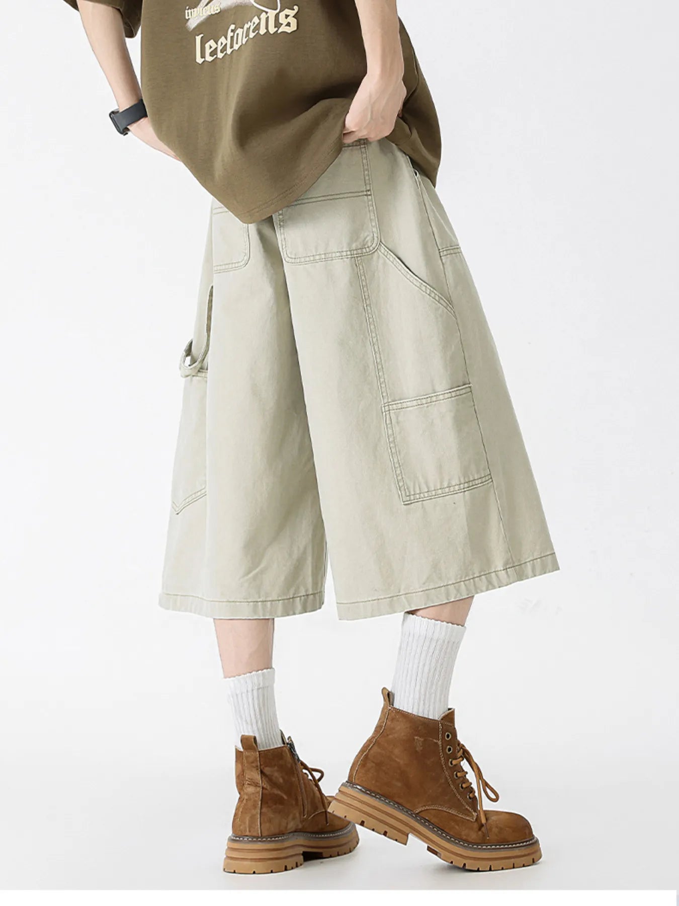 Wide Leg Cargo Denim Shorts Plus Size in Coffee Color for Men