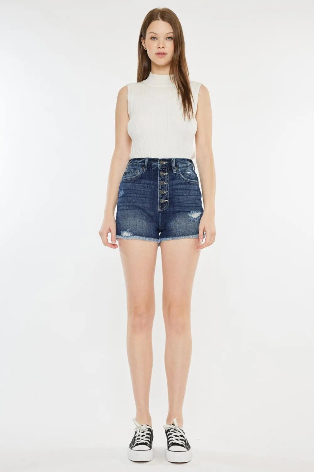 Raw Hem Button Fly Denim Shorts in Dark for Women