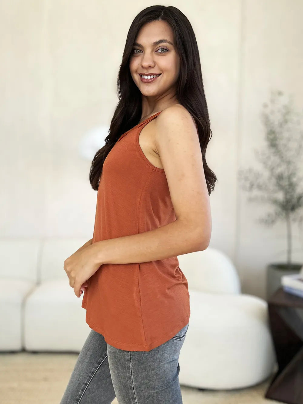 Plus Size Lace Detail V-Neck Cutout Cami in Caramel for Women