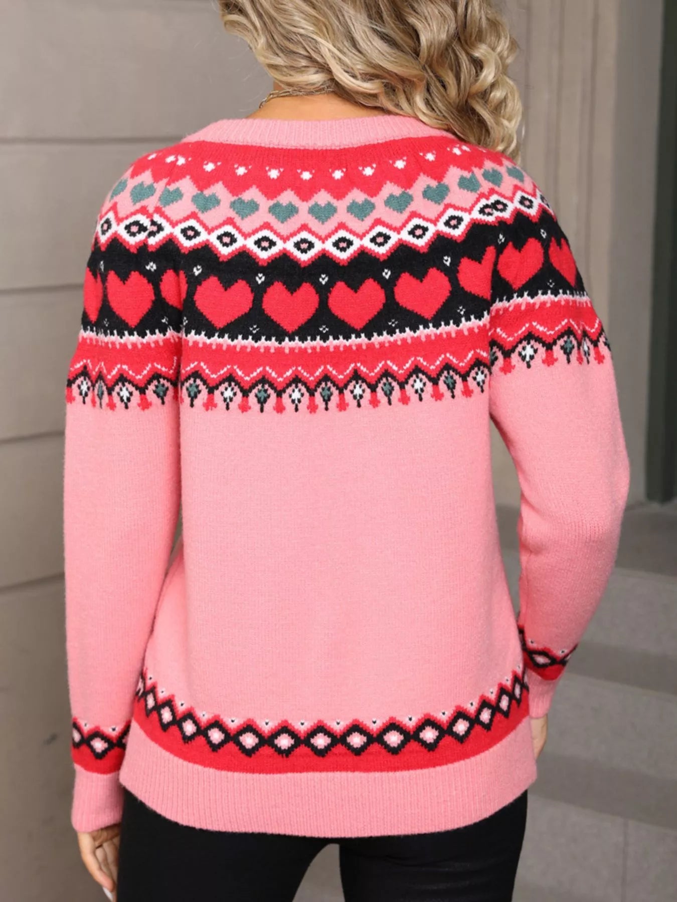 Valentines Day Heart Pattern Knitted Sweater in White for Women