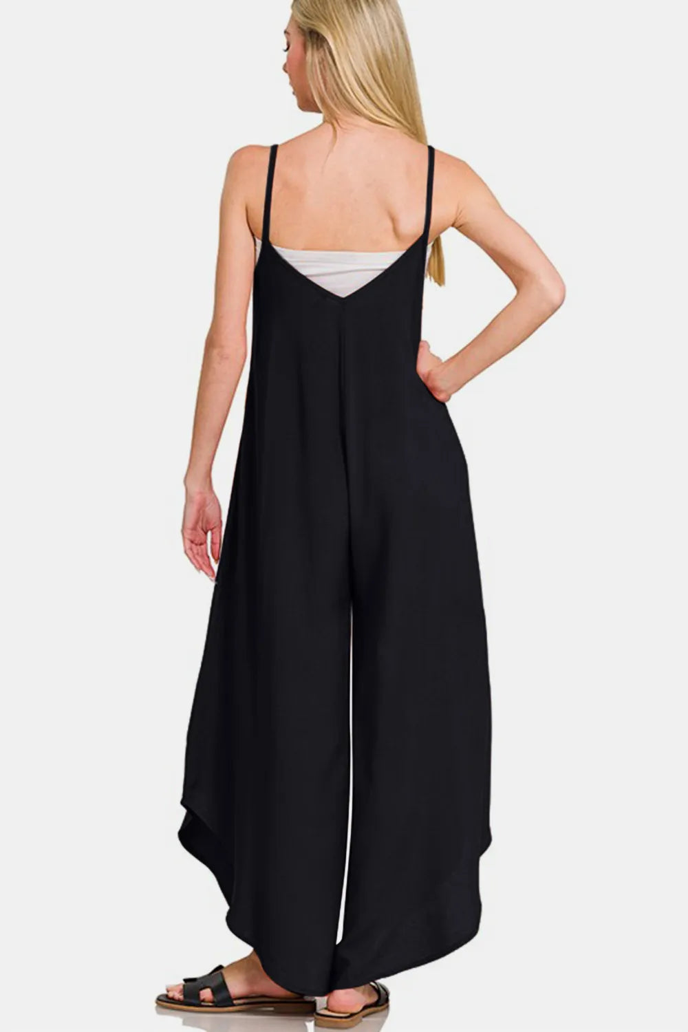 Spaghetti Strap Wide Leg Overalls with Pockets in Black for Women
