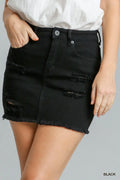 Distressed Raw Hem High Waist Denim Skirt in Black for Women