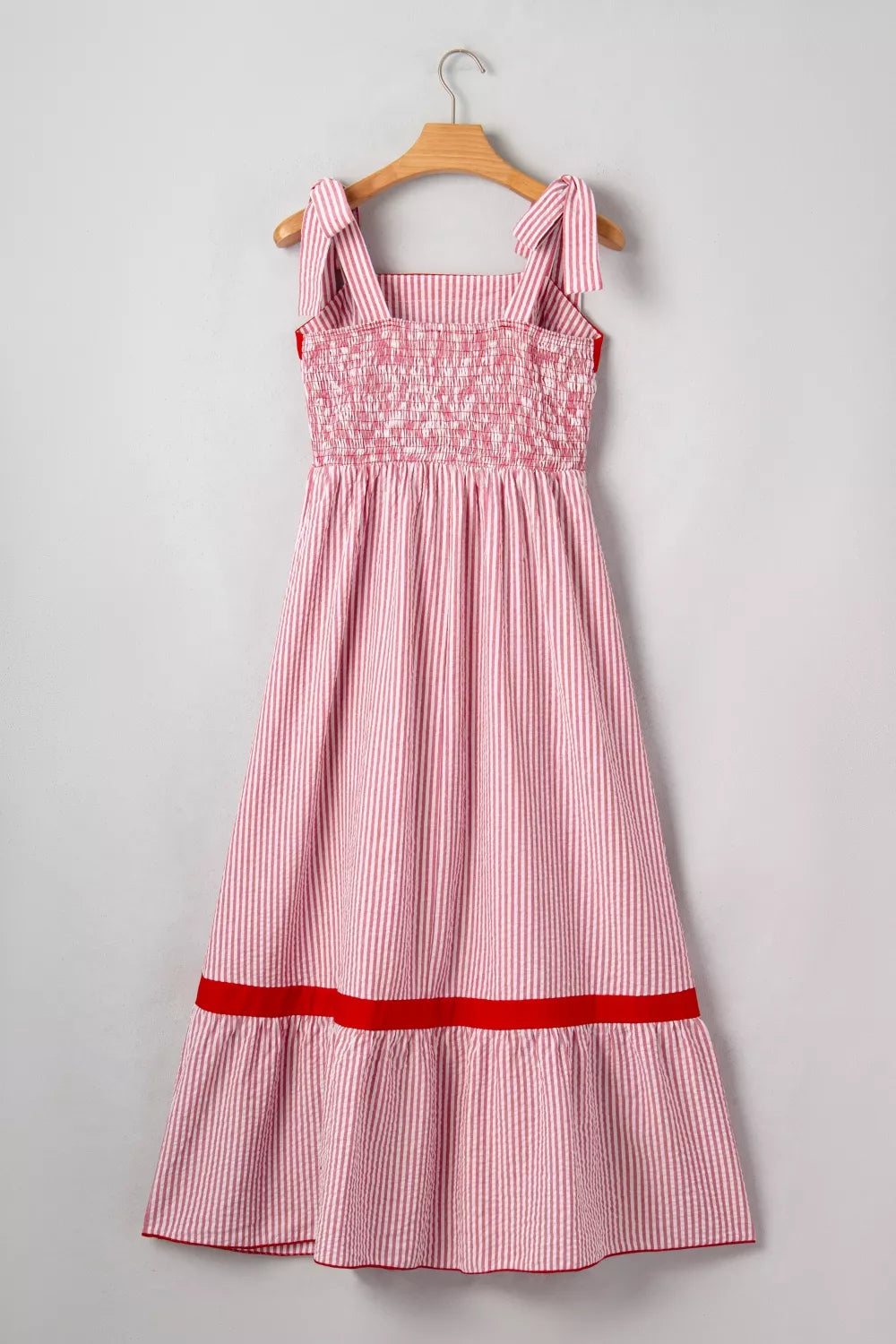 Stripe Bow Knot Straps Contrast Trim High Waist Ruffle Hem Maxi Dress for Women