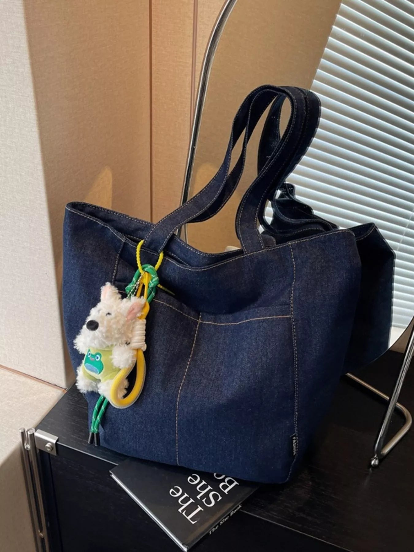 Denim Shoulder Bag with Cute Charm for Women