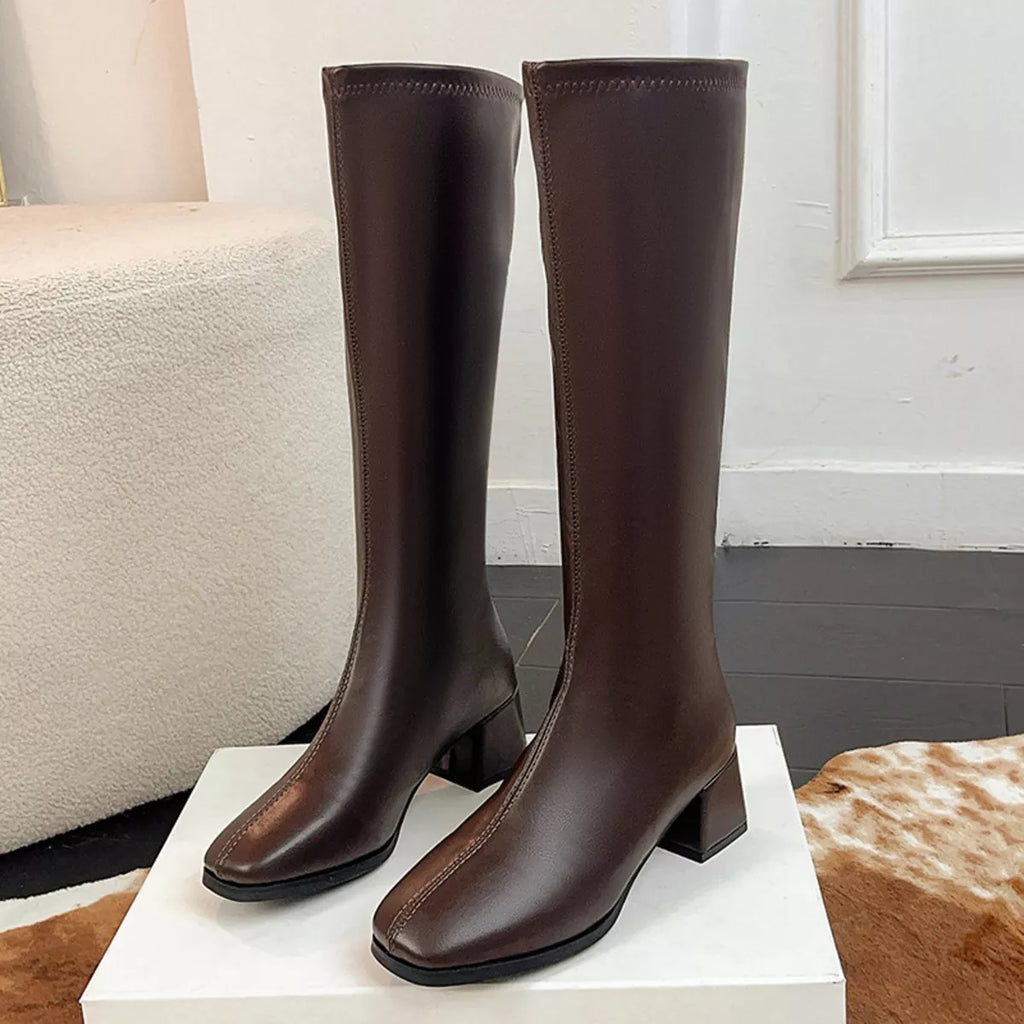 Square Toe Block Heels Boots in Black for Women
