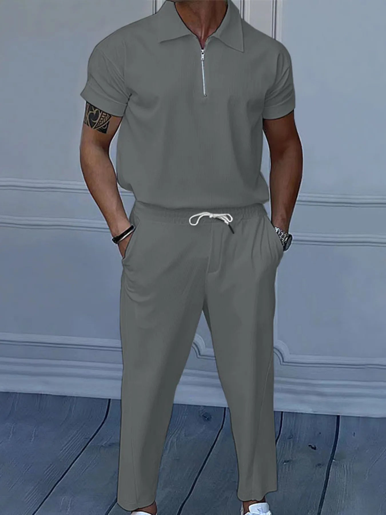 Quarter Zip Short Sleeve Polo and Pants Set Plus Size in Black for Men