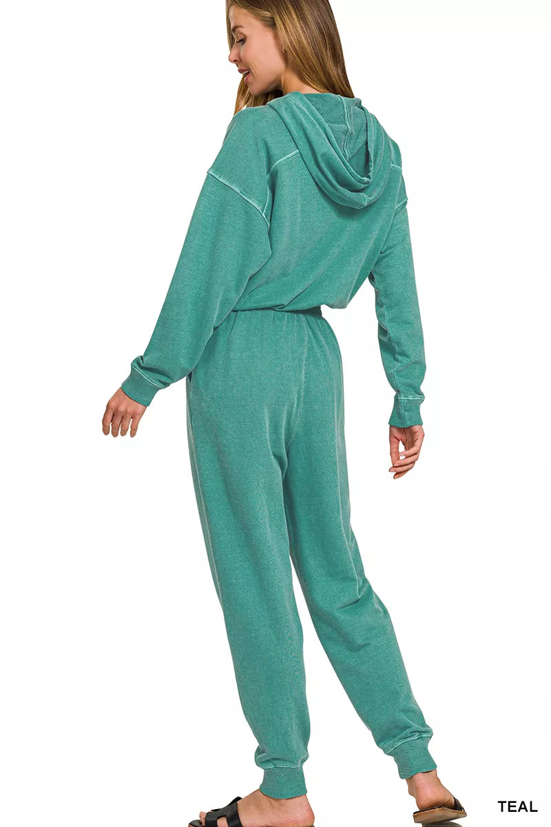 Enzyme Washed French Terry Jumpsuit in Teal for Women