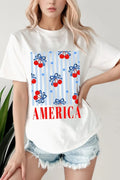 Bow Cherry America Graphic Crewneck Patriotic T-Shirt in White for Women