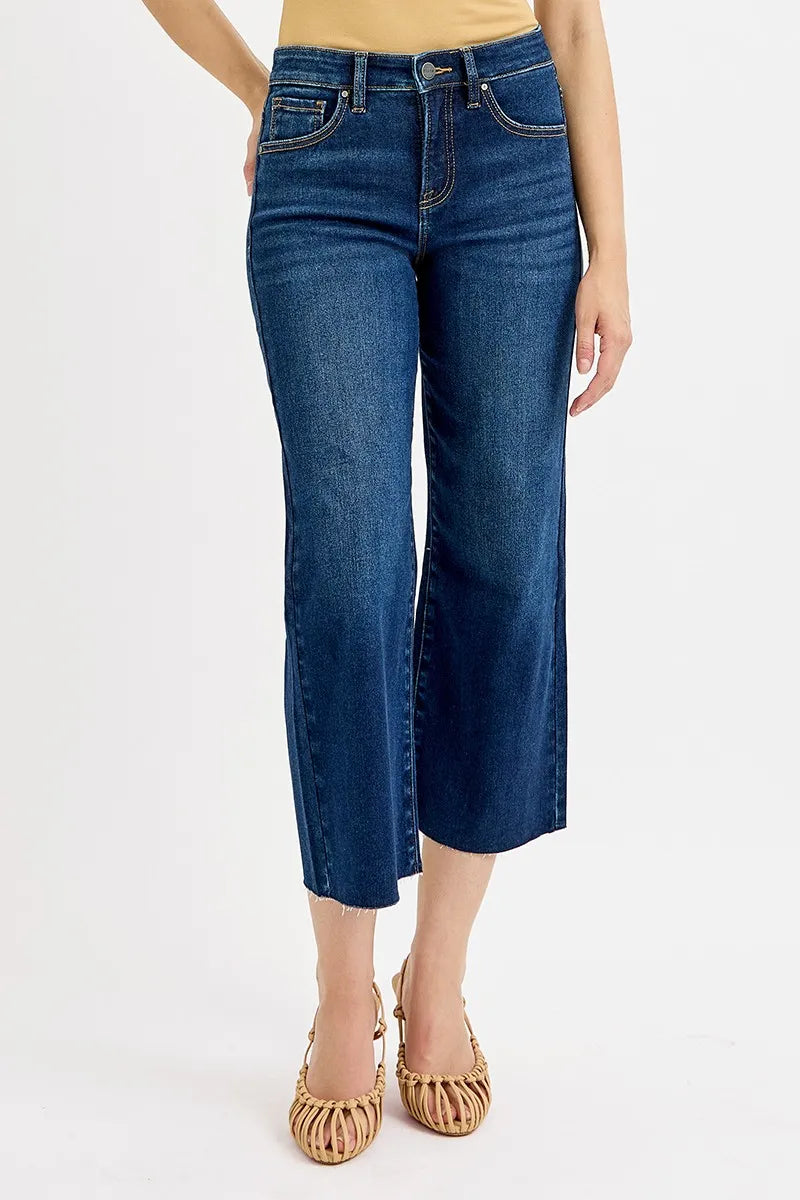Tummy Control High Rise Crop Wide Jeans Plus Size in Dark for Women