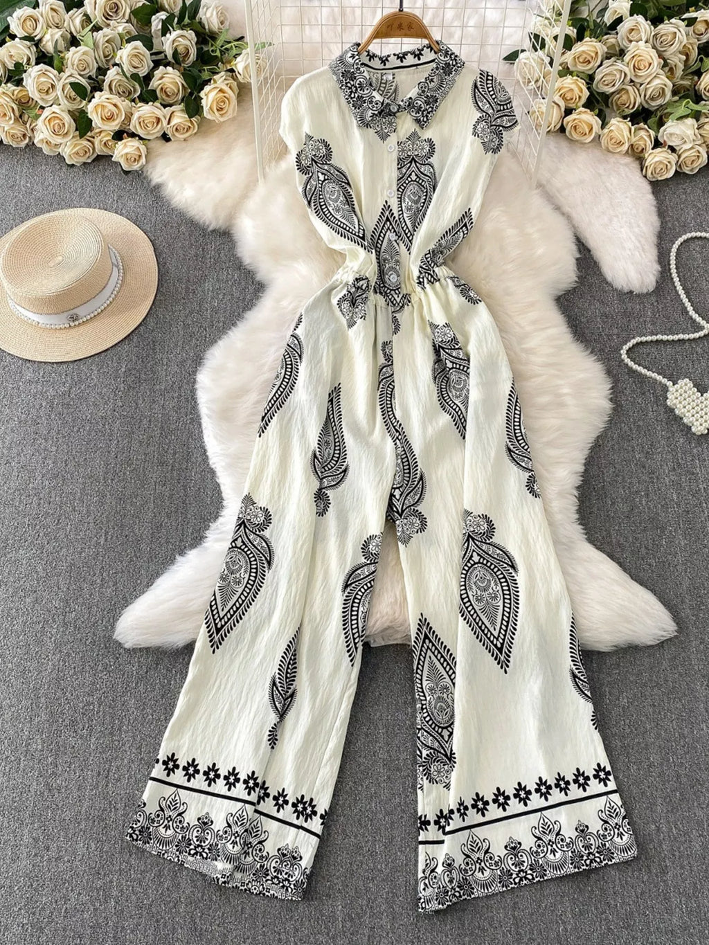 Green Button Front Wide Leg Jumpsuit for Women