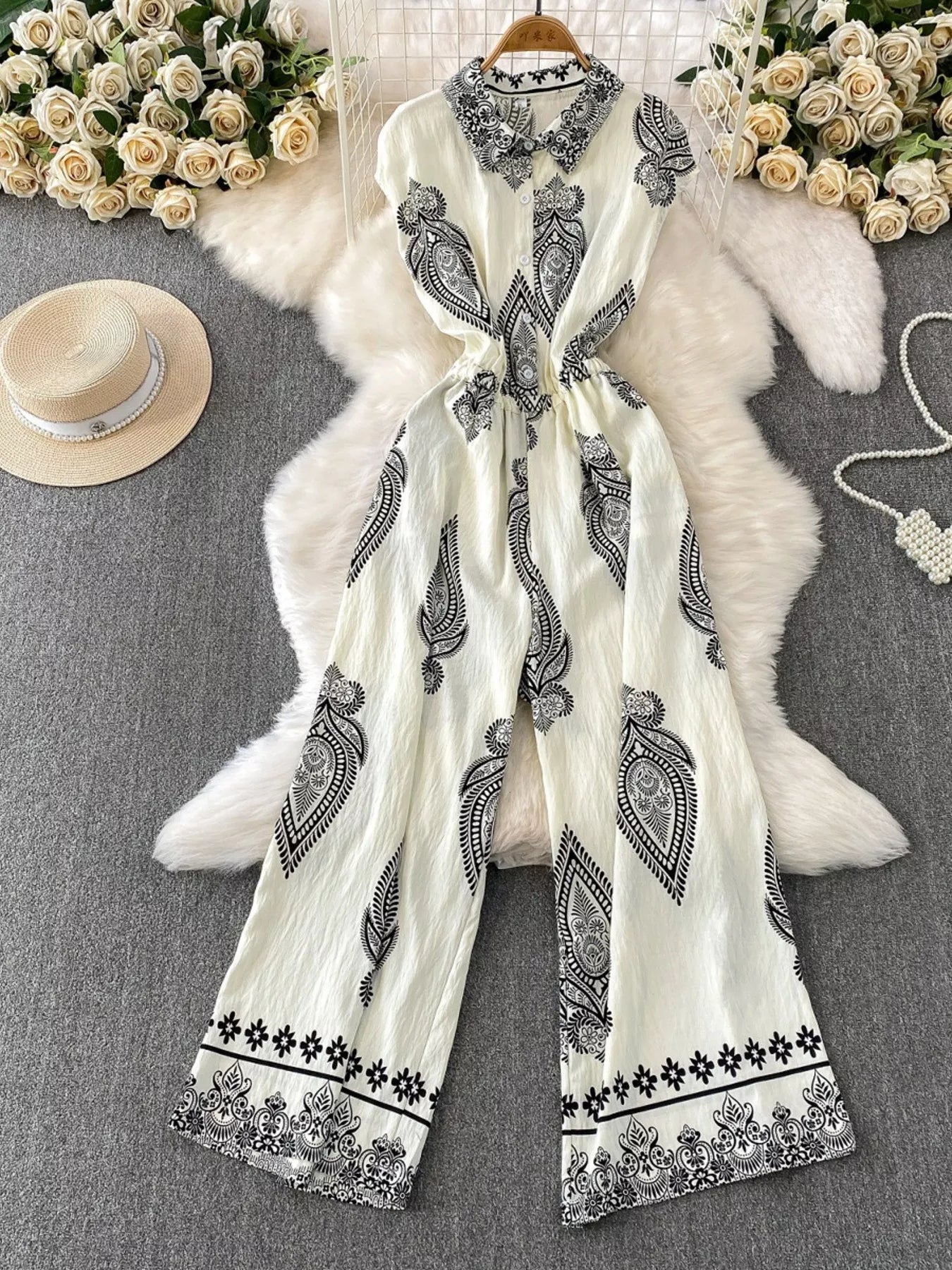 Green Button Front Wide Leg Jumpsuit for Women